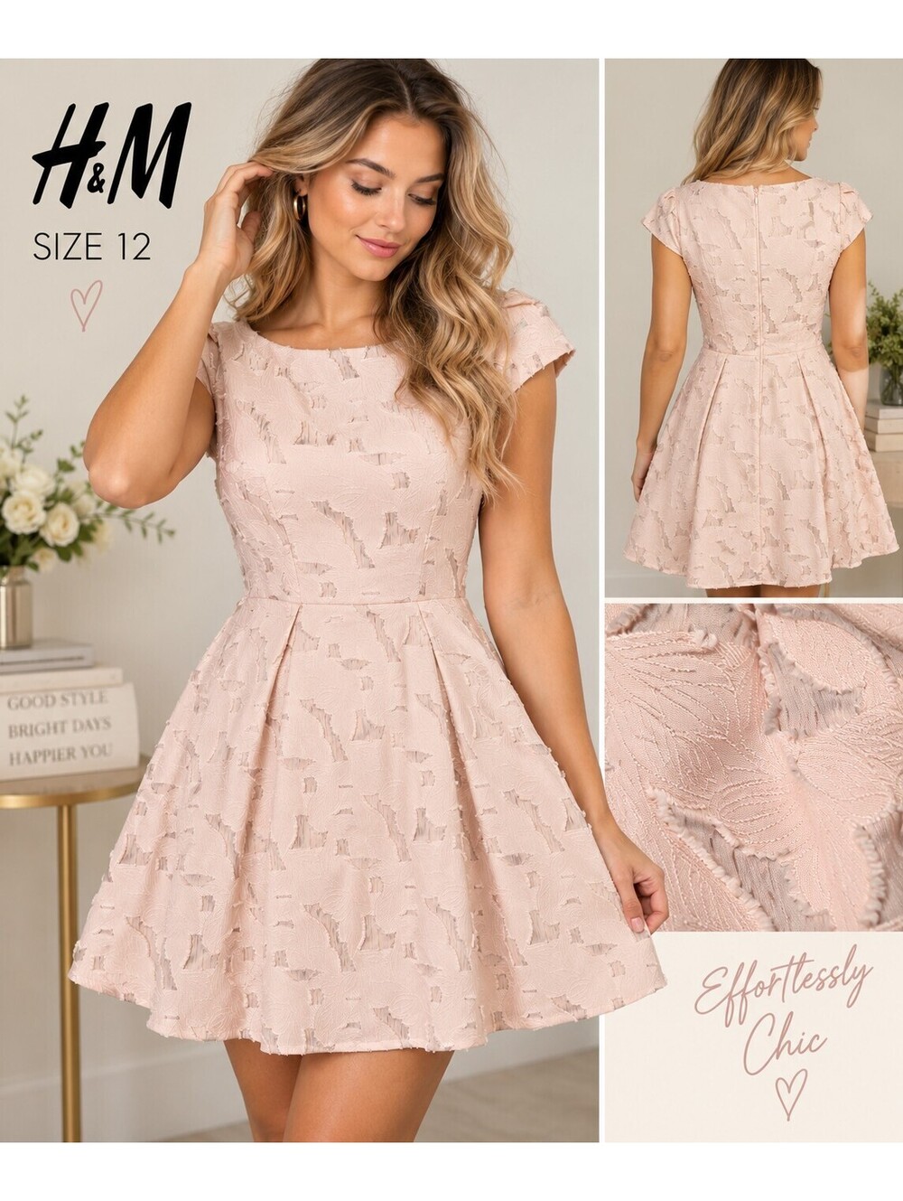 H&M Blush Pink Textured Floral Fit & Flare Dress Size 12